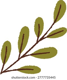 Minimal botanical twig illustration in soft pastel crayon doodle style with whimsical leafy children drawing aesthetic.