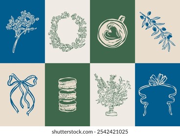 Minimal botanical vector illustration collection. Art for greeting cards, wedding invitations, poster design, postcards, branding, logo design, background.