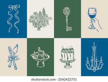 Mínima colección de Ilustración vectorial botánica. Arte para tarjetas de felicitación, invitaciones de boda, diseño de carteles, postales, marca, diseño de logotipo, fondo.