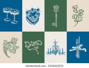 Mínima colección de Ilustración vectorial botánica. Arte para tarjetas de felicitación, invitaciones de boda, diseño de carteles, postales, marca, diseño de logotipo, fondo.