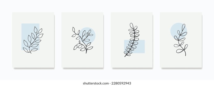 Minimal botanical wall art set. Blue organic shapes with a line drawing of leaves on them.