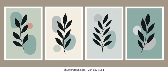Minimal Botanical Wall Art Vector Set – Boho Leaf Line Art with Abstract Earth Tone Shapes for Modern Interior Decor