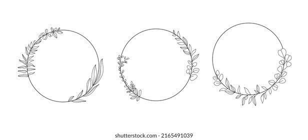 Elementos mínimos del marco botánico de la boda sobre fondo blanco. Conjunto de formas geométricas, ramas de hojas, eucalipto en patrón dibujado a mano. Foliage line art para boda, tarjeta, invitación, saludo.