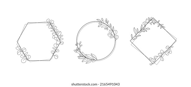 Minimal botanical wedding frame elements on white background. Set of geometric shapes, leaf branches, eucalyptus in hand drawn pattern. Foliage line art for wedding, card, invitation, greeting.