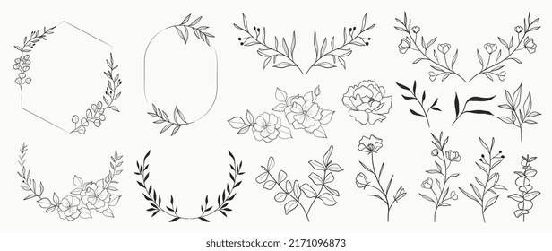 Minimal botanical wedding frame elements on white background. Set of wreath, flowers, leaf branches in hand drawn pattern. Foliage line art design for wedding, card, invitation, greeting, logo.