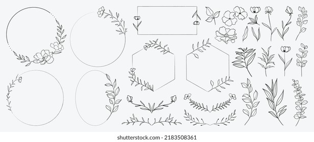 Elementos mínimos del marco botánico de la boda sobre fondo blanco. Conjunto de coronas, flores, ramas de hojas en un patrón dibujado a mano. Diseño artístico de línea de follaje para boda, tarjeta, invitación, saludo, logotipo.