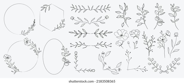 Minimal botanical wedding frame elements on white background. Set of wreath, flowers, leaf branches in hand drawn pattern. Foliage line art design for wedding, card, invitation, greeting, logo.