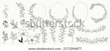 Minimal botanical wedding frame elements on white background. Set of wreath, flowers, leaf branches in hand drawn pattern. Foliage line art design for wedding, card, invitation, greeting, logo.