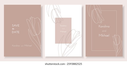 Minimal botanical wedding invitation card template. Beige floral design with tulip in line art style. Editable vector illustration