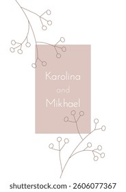 Minimal botanical wedding invitation card template. Mocha mousse beige floral design with flower in line art style. Editable vector illustration