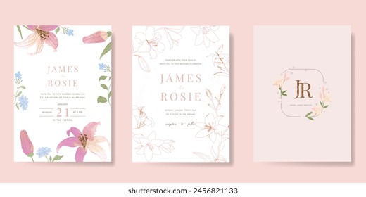 Minimal botanical Wedding Invitation, floral invite thank you, rsvp modern card Design in leaf and flower water color texture decorative Vector elegant rustic template