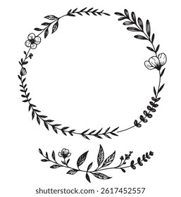 Minimal Botanical Wreath Frame Hand Drawn Vintage Floral Circle Border for Logo  Wedding Design