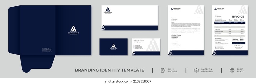 Minimal Branding Identity template. Business card, Letterhead, Invoice, Envelope, Business Folder in vector Illustration