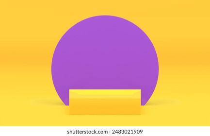 Minimal bright 3d showcase podium mock up for cosmetic product show realistic vector illustration. Trendy rendering banner promo display yellow squared pedestal with purple round wall background