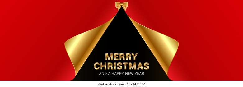 Minimal bright red and golden vector illustration for Christmas and New Year holidays. Luxury banner design with golden text. 