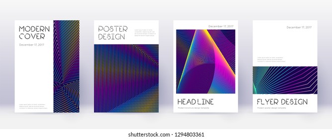 Minimal brochure design template set. Rainbow abstract lines on dark blue background. Artistic brochure design. Creative catalog, poster, book template etc.