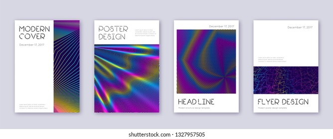 Minimal brochure design template set. Rainbow abstract lines on dark blue background. Artistic brochure design. Adorable catalog, poster, book template etc.