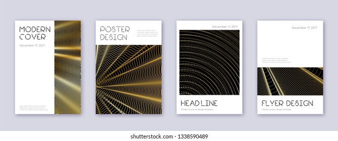 Minimal brochure design template set. Gold abstract lines on black background. Appealing brochure design. Authentic catalog, poster, book template etc.