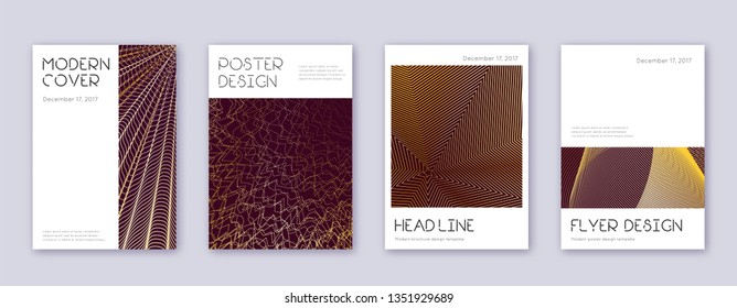 Minimal brochure design template set. Gold abstract lines on bordo background. Appealing brochure design. Dramatic catalog, poster, book template etc.