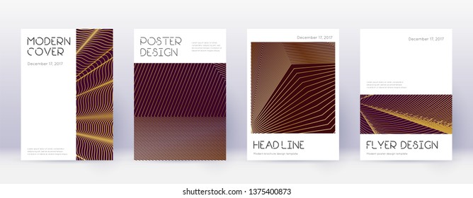 Minimal brochure design template set. Gold abstract lines on bordo background. Appealing brochure design. Extraordinary catalog, poster, book template etc.
