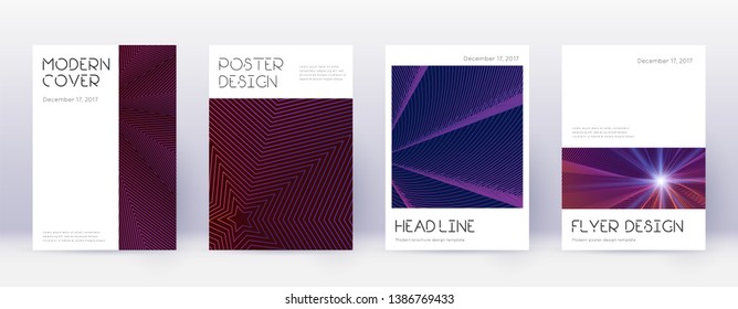 Minimal brochure design template set. Violet abstract lines on dark background. Artistic brochure design. Positive catalog, poster, book template etc.