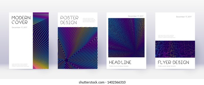 Minimal brochure design template set. Rainbow abstract lines on dark blue background. Artistic brochure design. Brilliant catalog, poster, book template etc.
