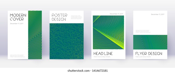 Minimal brochure design template set. Green abstract lines on dark background. Appealing brochure design. Juicy catalog, poster, book template etc.
