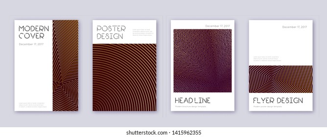Minimal brochure design template set. Gold abstract lines on bordo background. Appealing brochure design. Energetic catalog, poster, book template etc.