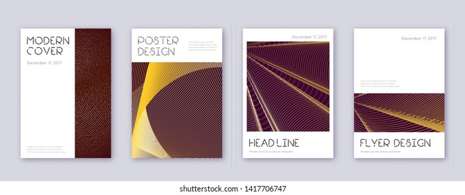Minimal brochure design template set. Gold abstract lines on bordo background. Appealing brochure design. Elegant catalog, poster, book template etc.