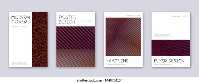 Minimal brochure design template set. Gold abstract lines on bordo background. Appealing brochure design. Enchanting catalog, poster, book template etc.
