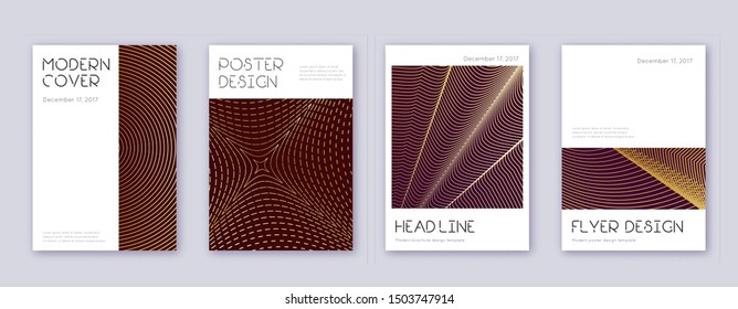 Minimal brochure design template set. Gold abstract lines on bordo background. Appealing brochure design. Decent catalog, poster, book template etc.