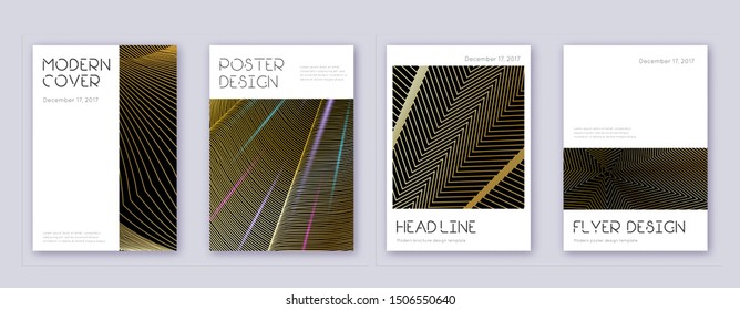 Minimal brochure design template set. Gold abstract lines on black background. Appealing brochure design. Bewitching catalog, poster, book template etc.