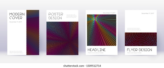 Minimal brochure design template set. Rainbow abstract lines on wine red background. Artistic brochure design. 