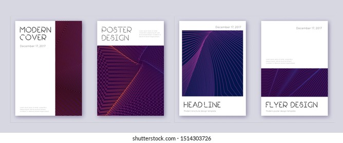 Minimal brochure design template set. Violet abstract lines on dark background. Artistic brochure design. Optimal catalog, poster, book template etc.