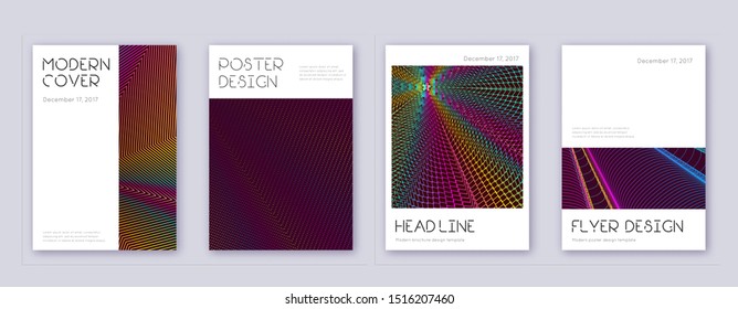 Minimal brochure design template set. Rainbow abstract lines on wine red background. Artistic brochure design. Cute catalog, poster, book template etc.