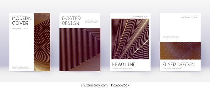 Minimal brochure design template set. Gold abstract lines on bordo background. Appealing brochure design. Fabulous catalog, poster, book template etc.