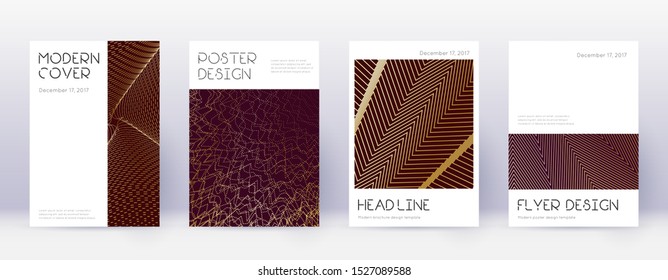 Minimal brochure design template set. Gold abstract lines on bordo background. Appealing brochure design. Favorable catalog, poster, book template etc.