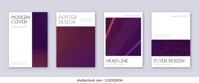 Minimal brochure design template set. Violet abstract lines on dark background. Artistic brochure design. Mind-blowing catalog, poster, book template etc.