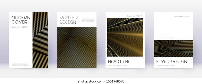 Minimal brochure design template set. Gold abstract lines on black background. Appealing brochure design. Breathtaking catalog, poster, book template etc.