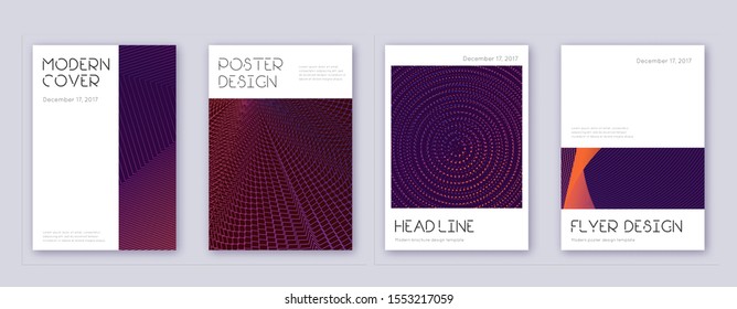 Minimal brochure design template set. Violet abstract lines on dark background. Artistic brochure design. Nice catalog, poster, book template etc.