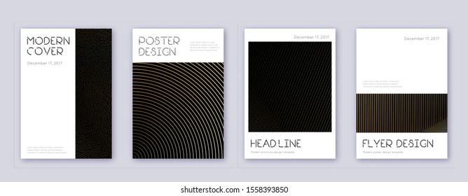 Minimal brochure design template set. Gold abstract lines on black background. Appealing brochure design. Amazing catalog, poster, book template etc.