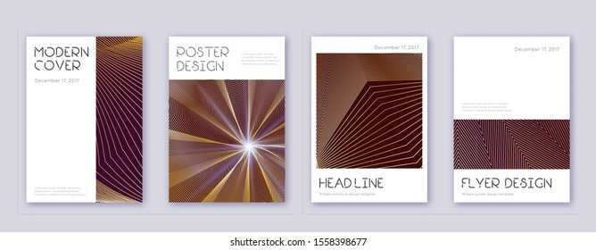 Minimal brochure design template set. Gold abstract lines on bordo background. Appealing brochure design. Dazzling catalog, poster, book template etc.