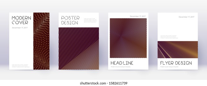 Minimal brochure design template set. Gold abstract lines on bordo background. Appealing brochure design. Fair catalog, poster, book template etc.
