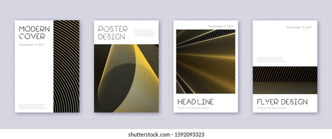 Minimal brochure design template set. Gold abstract lines on black background. Appealing brochure design. Bizarre catalog, poster, book template etc.