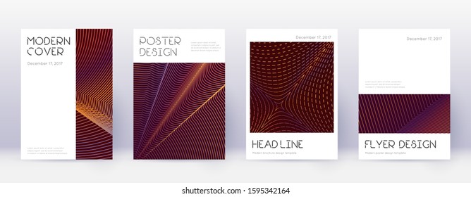 Minimal brochure design template set. Orange abstract lines on wine red background. Appealing brochure design. Splendid catalog, poster, book template etc.
