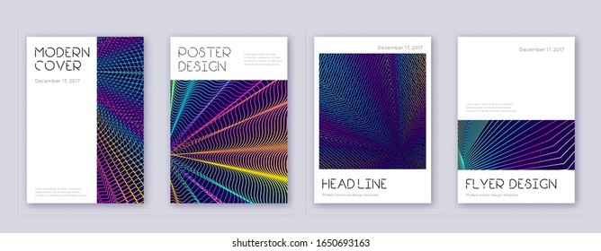 Minimal brochure design template set. Rainbow abstract lines on dark blue background. Artistic brochure design. Appealing catalog, poster, book template etc.