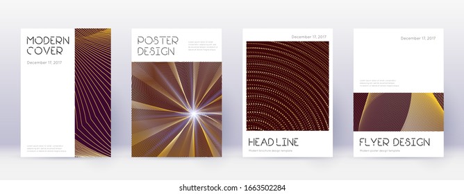Minimal brochure design template set. Gold abstract lines on bordo background. Appealing brochure design. Fancy catalog, poster, book template etc.