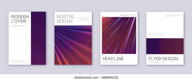 Minimal brochure design template set. Violet abstract lines on dark background. Artistic brochure design. Original catalog, poster, book template etc.