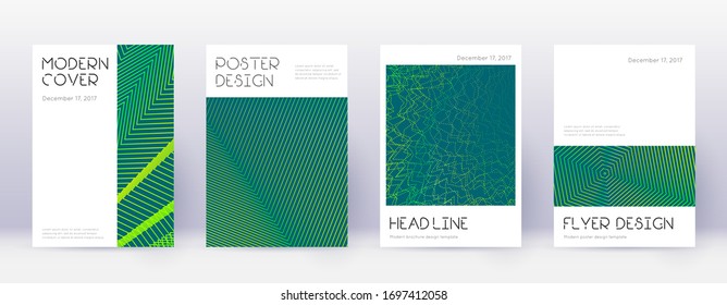 Minimal brochure design template set. Green abstract lines on dark background. Appealing brochure design. Lively catalog, poster, book template etc.