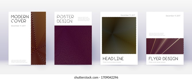 Minimal brochure design template set. Gold abstract lines on bordo background. Appealing brochure design. Fine catalog, poster, book template etc.